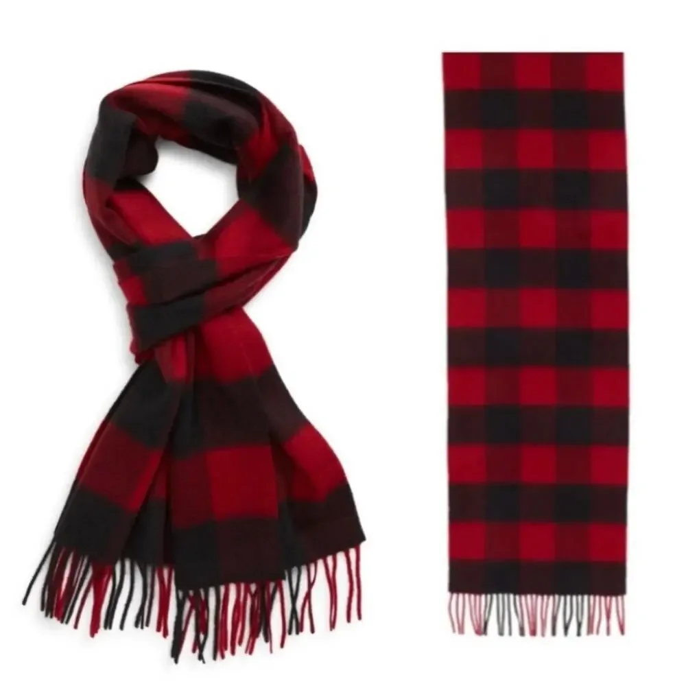 New Nordstrom Red Rio Black Buff Check Buffalo Plaid 100% Cashmere Fringe Scarf
